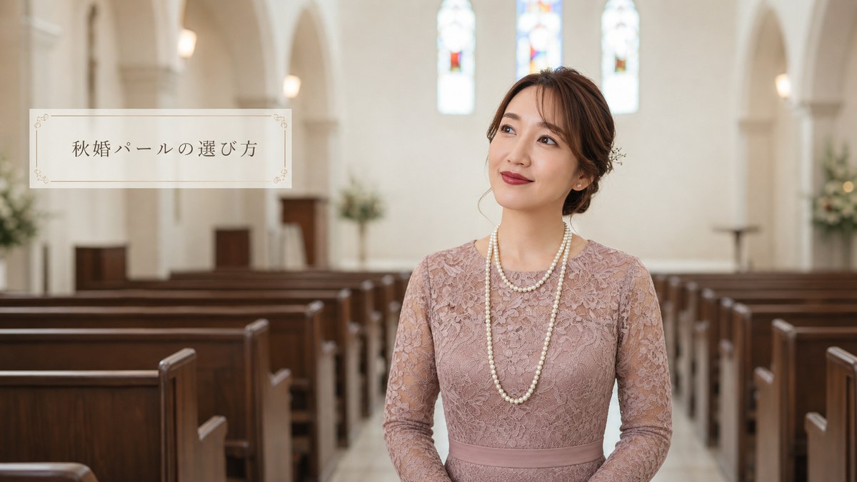 秋の結婚式でパールネックレスを着用した女性