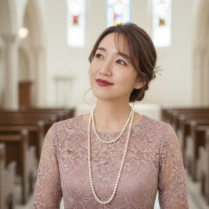秋の結婚式に合わせる一連とロングパールネックレス