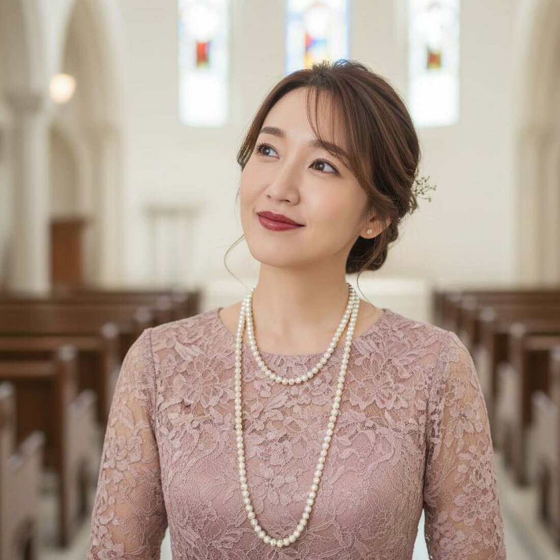秋の結婚式に合わせる一連とロングパールネックレス