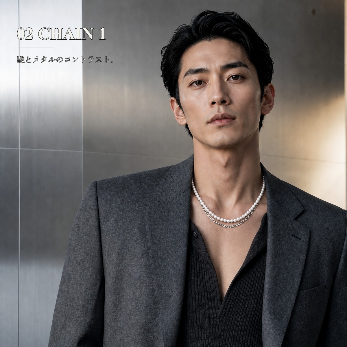 CHAIN 1デザインの7mmメンズパールネックレスを着用した男性