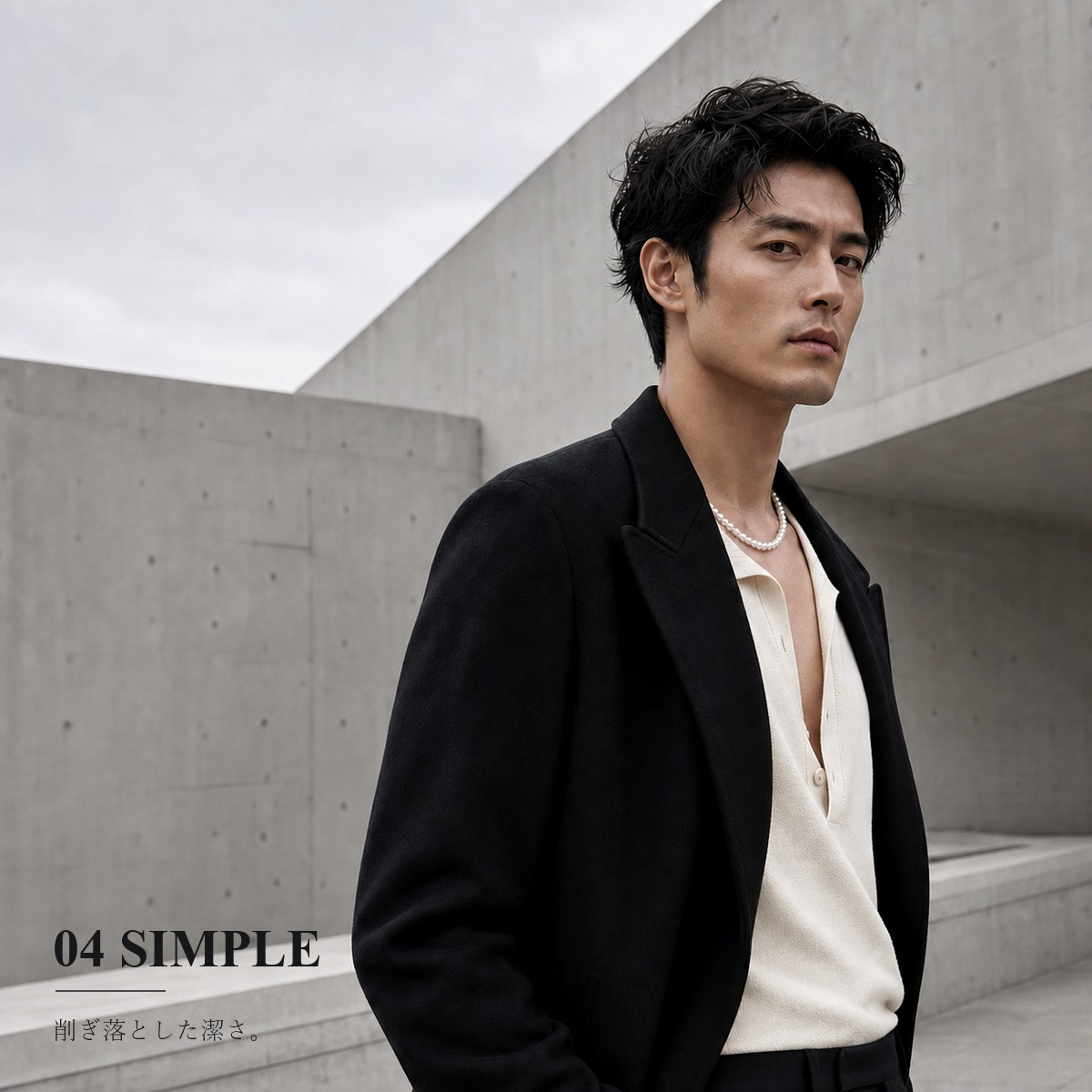 SIMPLEデザインの7mmメンズパールネックレスを着用した男性