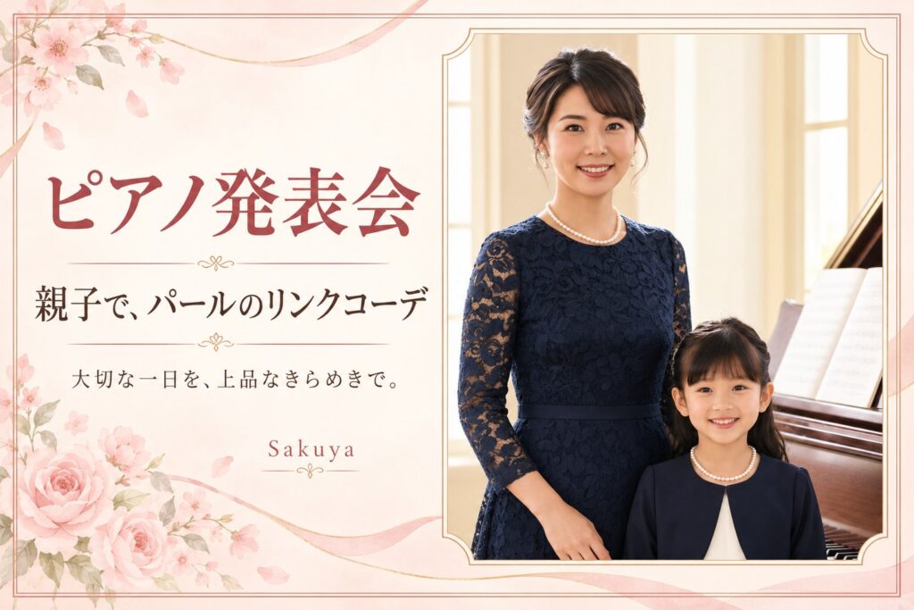 ピアノ発表会でパールを着けた母娘のリンクコーデ
