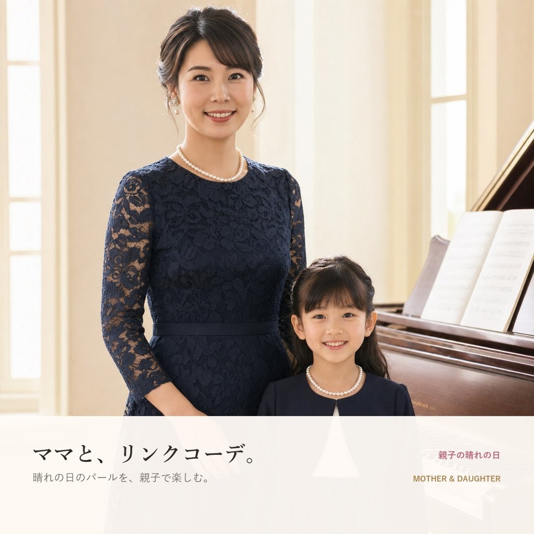 ピアノのそばでパールネックレスを合わせた母娘のリンクコーデ