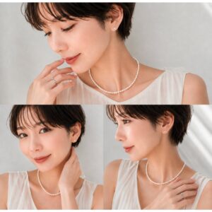 約4mm・42cmのホワイトベビーパールを着けた女性の着用イメージ