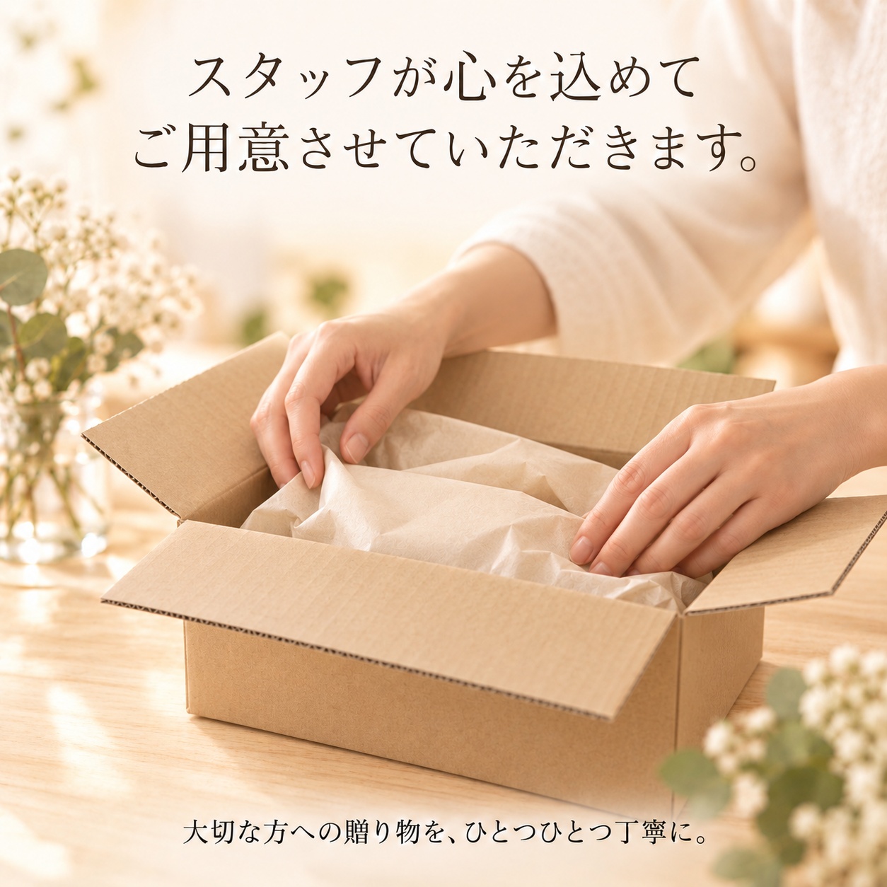 スタッフが心を込めて商品を段ボールに梱包